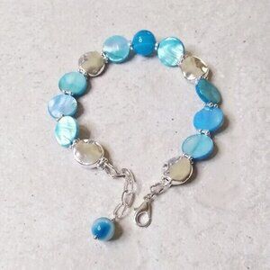 Beachy! Aqua Blue & Silver Sparkling Beaded Bracelet! Adjustable fits 7-8" Wrist